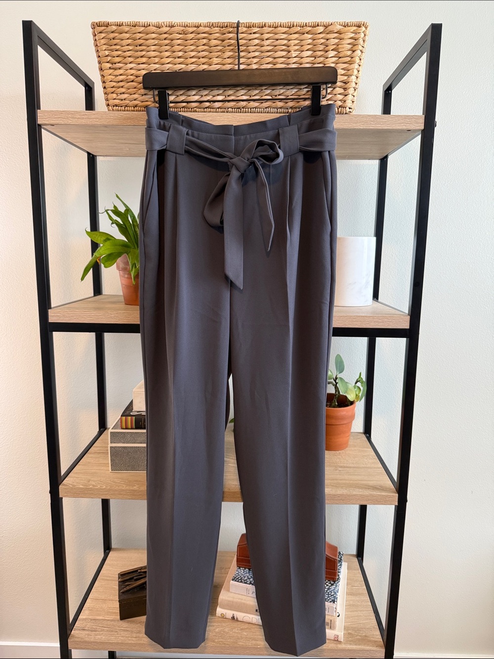 Express High-Rise Gray Ankle Woven Career Dress Pant Trouser w/Self Tie Belt, 8L